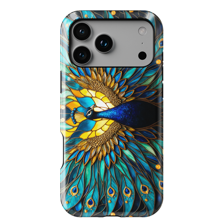 Stained glass peacock iPhone case with teal blue and gold feather design