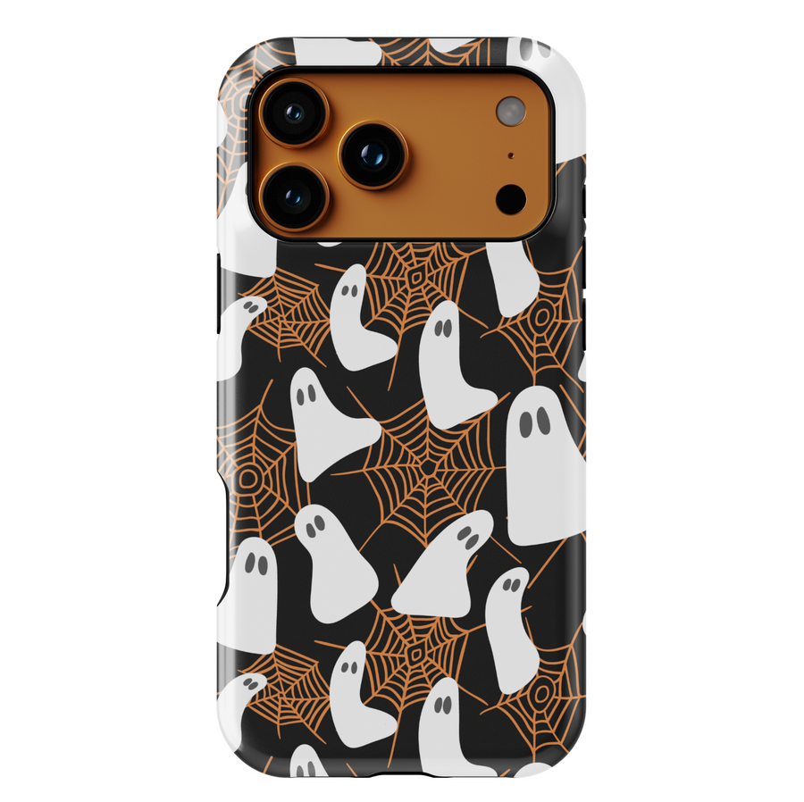 Halloween iPhone case with black background featuring pumpkins, ghosts, bats, skulls, and candy. Festive spooky-season protective phone cover for iPhone 15, iPhone 14, iPhone 13 Pro Max, and more. Fun and aesthetic fall case perfect for Halloween lovers.