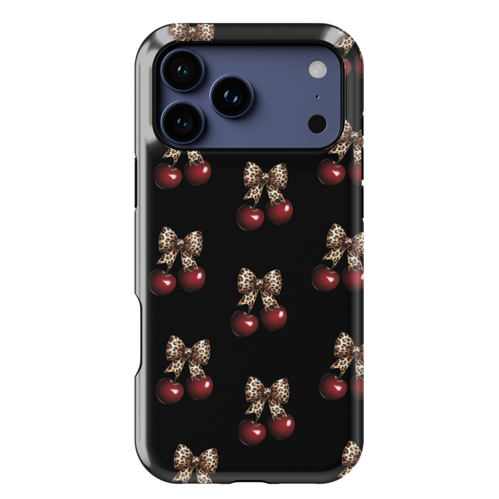 Black phone case with red cherry and leopard bow pattern, chic aesthetic animal print protective cover for iPhone and Samsung