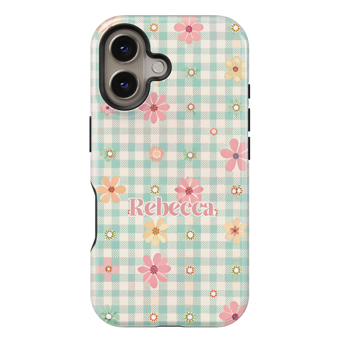 Custom gingham floral iPhone case with pastel colors and personalized name. Aesthetic vintage-inspired phone cover with a soft, cozy touch.