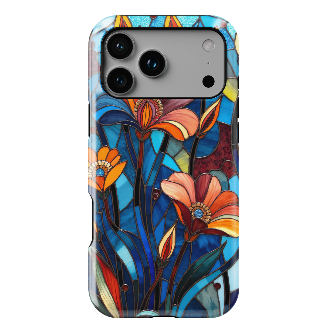 Stained glass floral iPhone case with blue background and orange wildflowers
