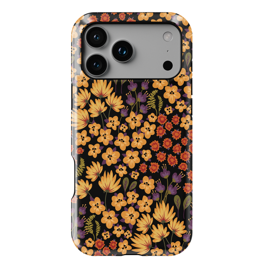 Autumn floral phone case with yellow, orange, and purple flowers on black background, fall aesthetic design