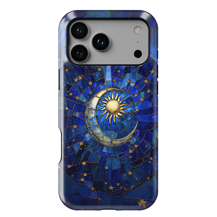 Blue celestial phone case with stained glass sun and crescent moon surrounded by gold stars