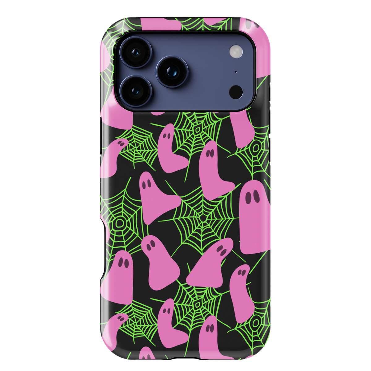 Neon Halloween iPhone case with pink ghosts and green spider webs on a black background. Cute spooky aesthetic protective phone cover for iPhone 15, iPhone 14, iPhone 13 Pro Max, and more. Fun girly ghost phone case perfect for Halloween season.