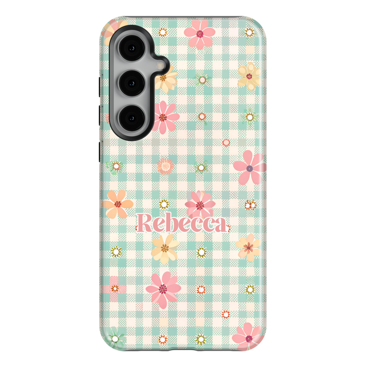 Personalized pastel floral gingham Samsung Galaxy phone case. Cute and aesthetic protective cover for Galaxy S25 Ultra, S24 FE, S23, and more.