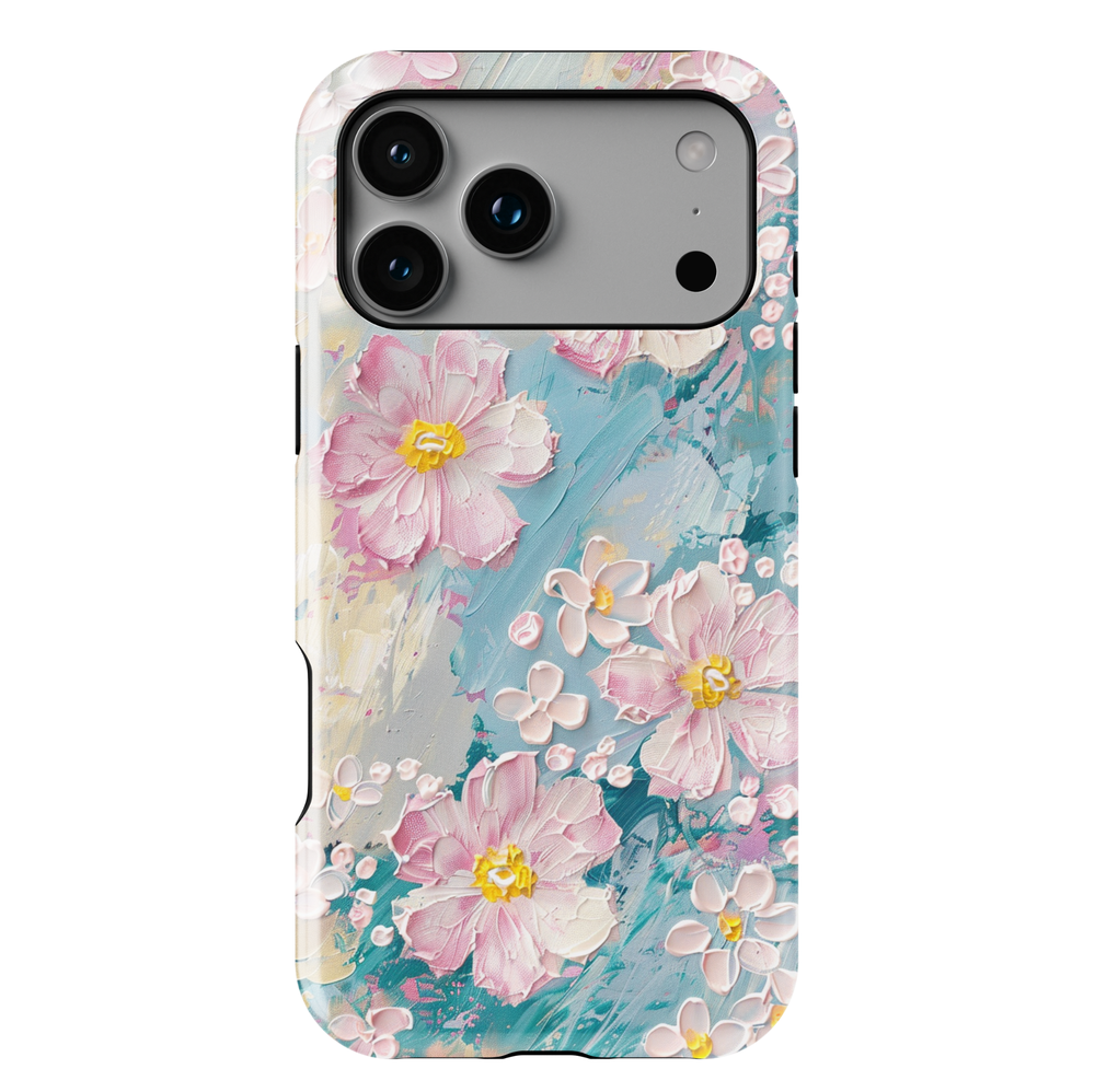 Pastel floral phone case with pink painted blossoms and textured brushstroke background in blue and cream tones