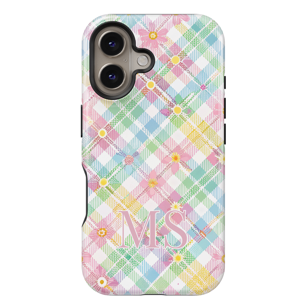 Custom pastel plaid iPhone case with floral details and personalized initials. Aesthetic vintage-inspired phone cover with a soft, colorful touch.