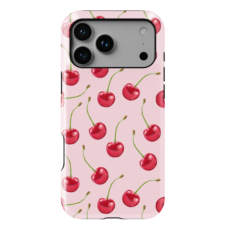 Pink phone case with red cherry pattern, cute girly aesthetic fruit design protective cover for iPhone and Samsung