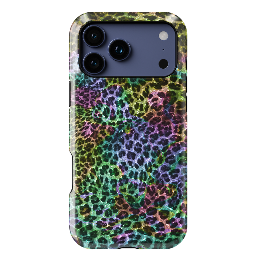 Rainbow leopard print phone case with glossy multicolor animal pattern, vibrant aesthetic protective cover for iPhone and Samsung