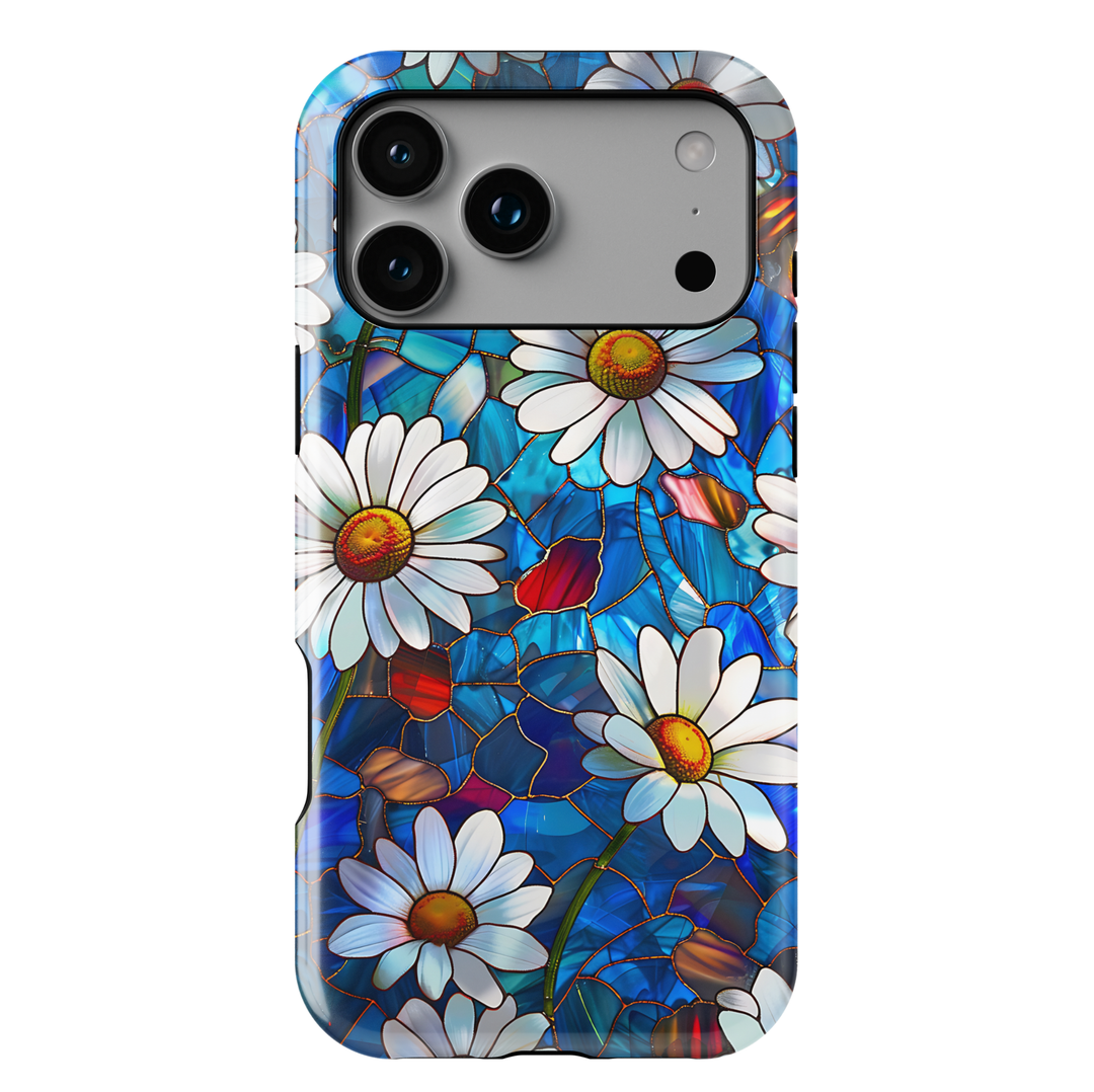 Stained glass daisy iPhone case with white daisies and blue glass background