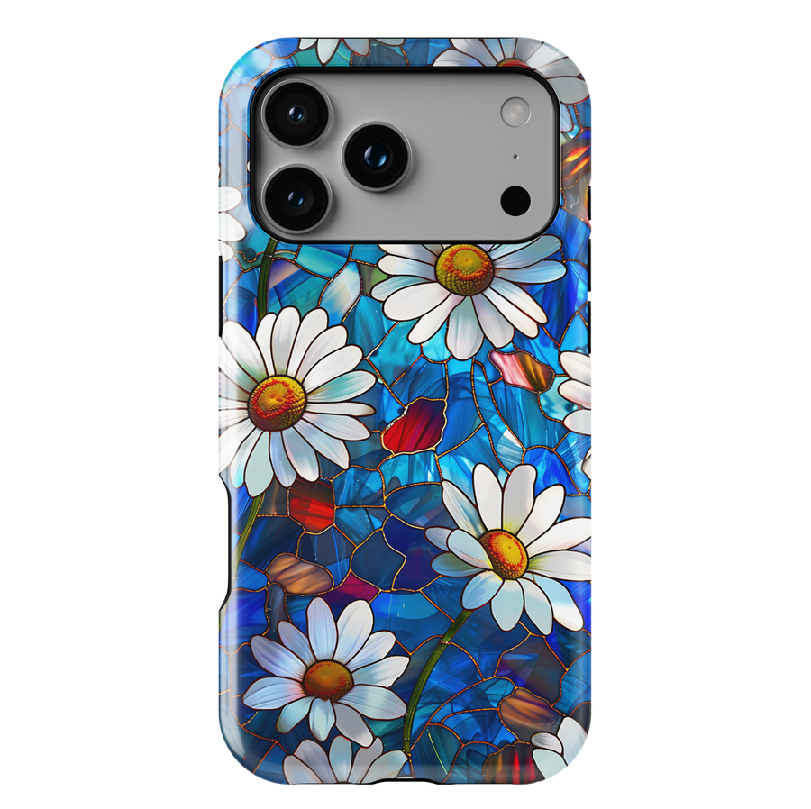 Stained glass daisy iPhone case with white daisies and blue glass background