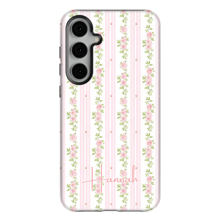 Personalized pink floral stripe Samsung Galaxy phone case. Elegant and feminine protective cover for Galaxy S25 Ultra, S24 FE, S23, and more.