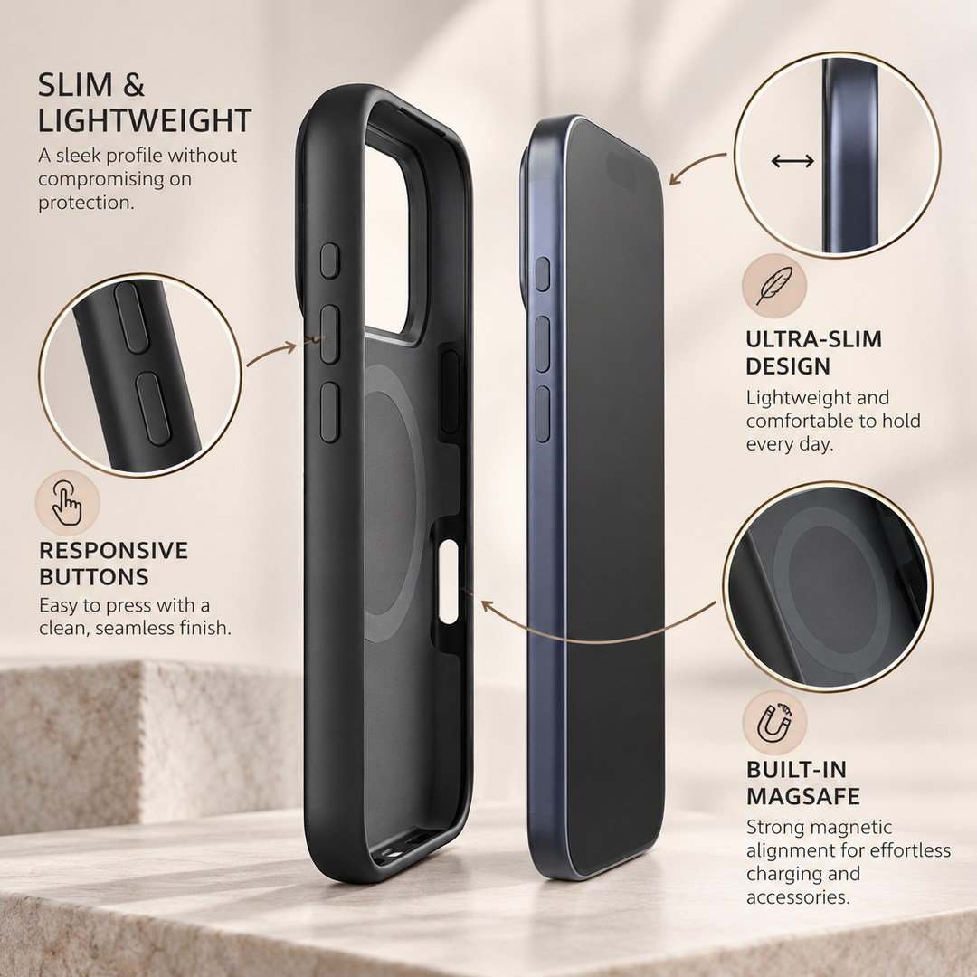 Black MagSafe silicone iPhone case showing the slim side profile, responsive buttons and magnetic compatibility.