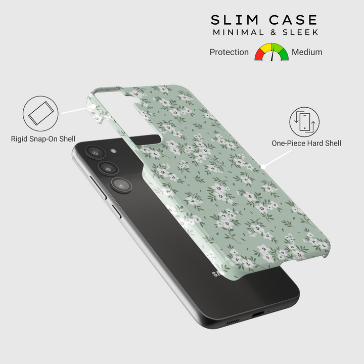 Galaxy phone case with sage green background and white floral pattern – minimalist and botanical design