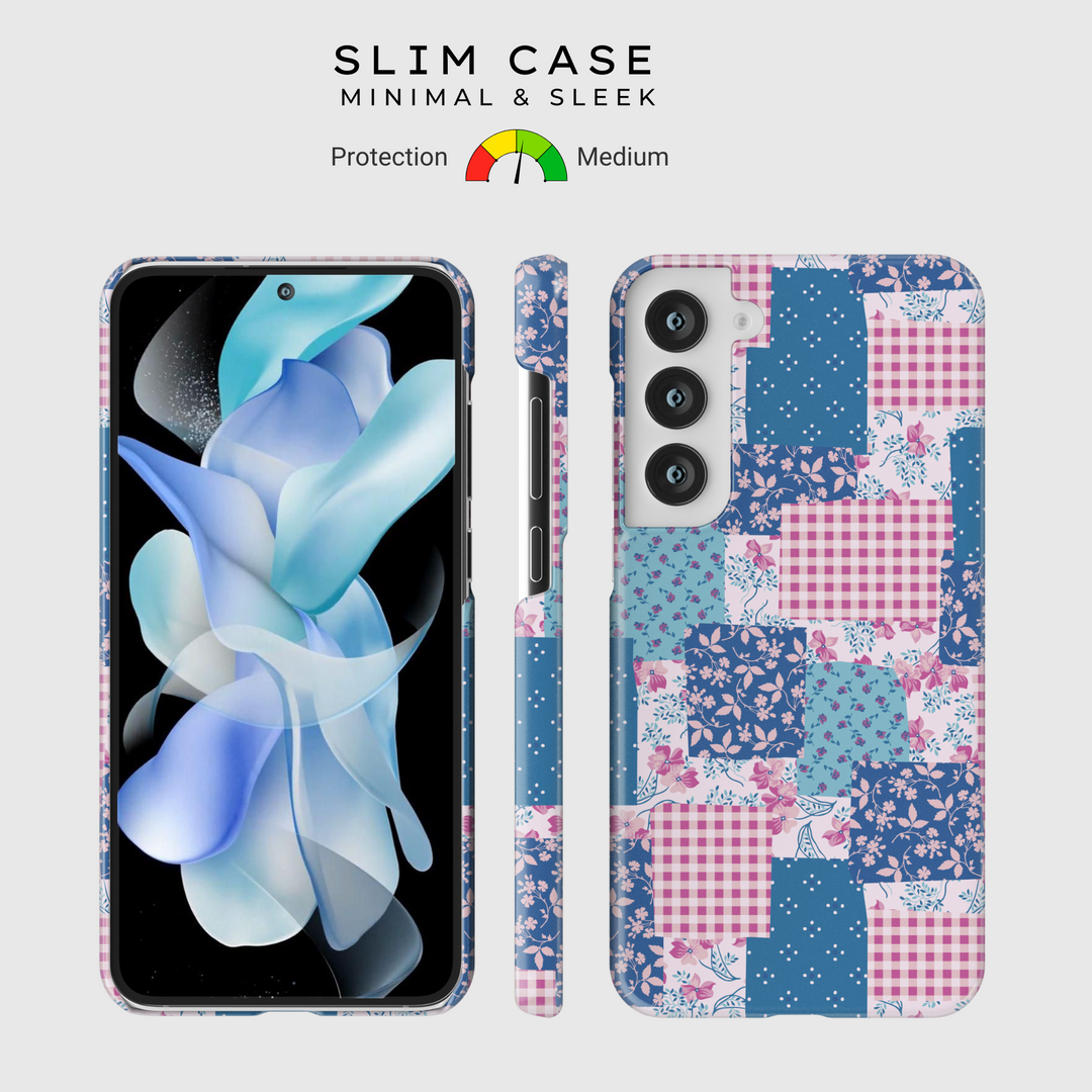 Charming patchwork Samsung Galaxy phone case featuring a vintage-inspired mix of floral, gingham, and polka dot patterns in blue and pink hues. Aesthetic protective cover for Samsung Galaxy S25 Ultra, S24 FE, S23, and more.