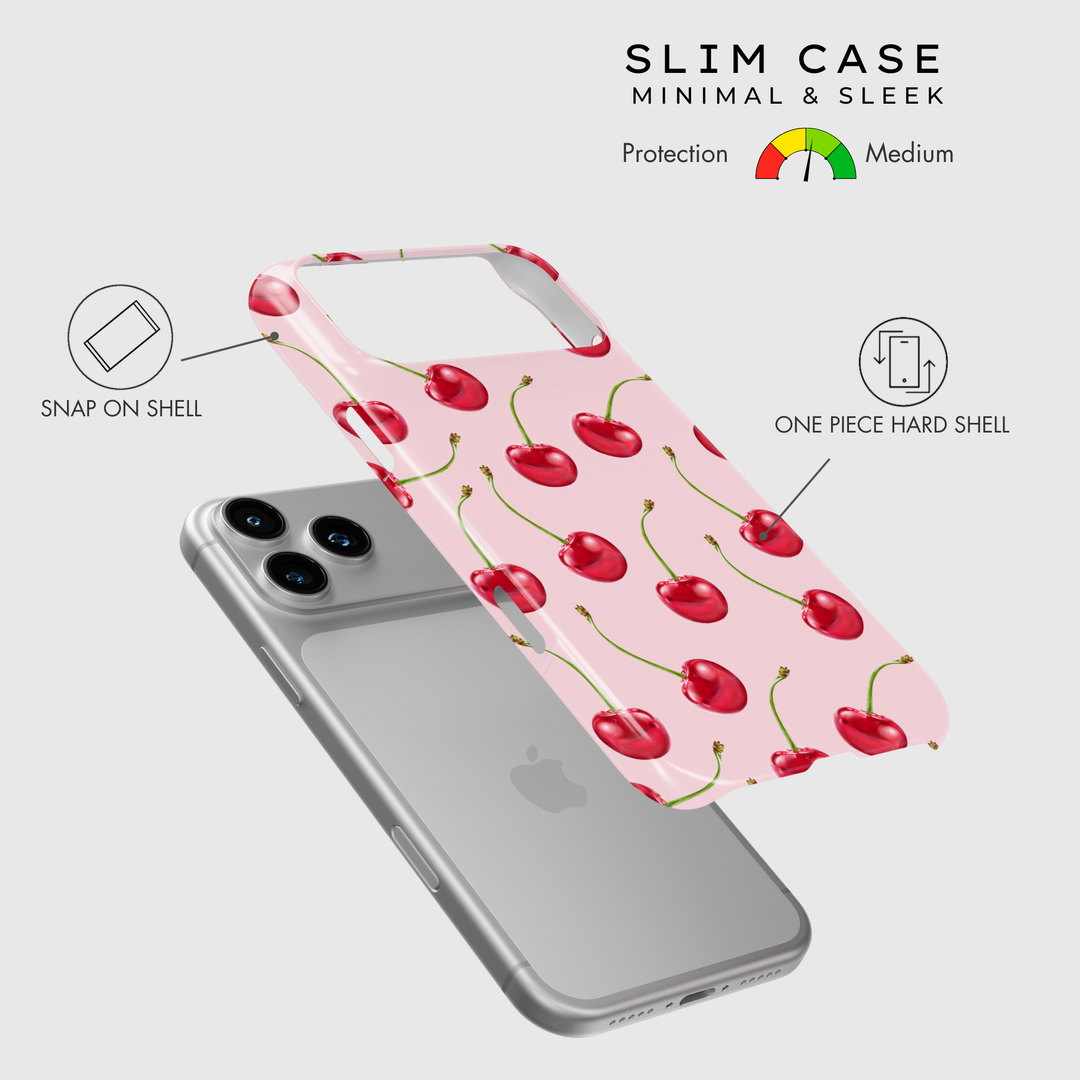 Pink phone case with red cherry pattern, cute girly aesthetic fruit design protective cover for iPhone and Samsung