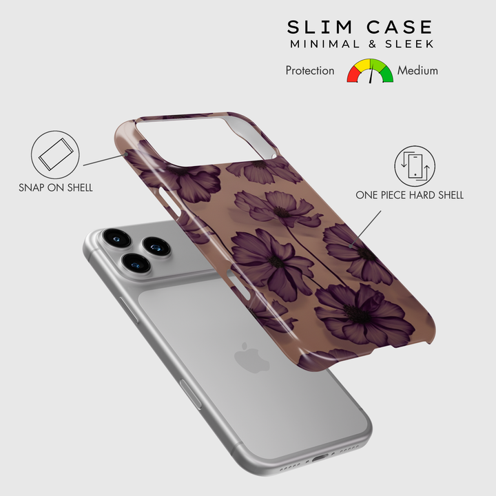 Transparent purple floral phone case with soft violet petals on a nude background, aesthetic botanical design for iPhone and Samsung