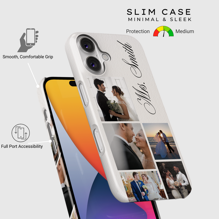 Personalized Wedding Photo Collage Phone Case, Custom Bride and Groom Pictures, Elegant White Leather Texture, Newlywed Name Engraved Cover, Romantic Memory Keepsake, Stylish iPhone 16 Case, Samsung Galaxy S25 Ultra, Google Pixel 9 Pro, Protective Slim Case