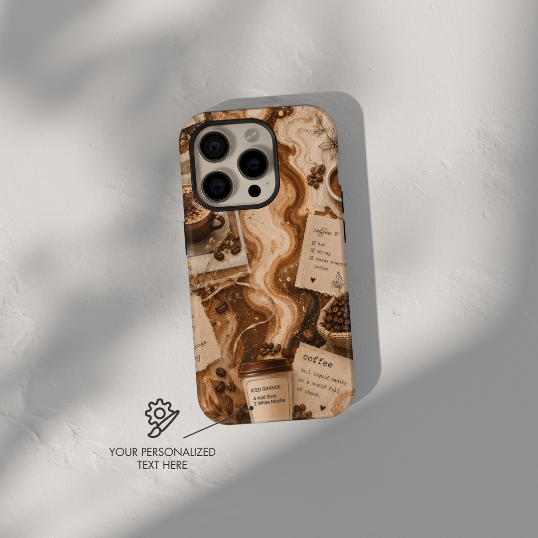 Custom coffee Samsung Galaxy S26 Ultra phone case with personalized drink order, coffee beans, vintage cafe notes, and neutral coffee artwork.