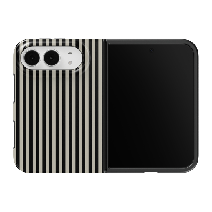 CASELIX Noir Pinstripe iPhone Duo Tough MagSafe folding phone case featuring elegant black and ivory-white vertical pinstripes in a classic evenly spaced repeating pattern. Chic black and white striped phone case for women with a glossy printed finish, minimalist monochrome aesthetic, Parisian-inspired fashion style, timeless preppy design, sophisticated geometric stripe artwork, and protective two-piece foldable construction.