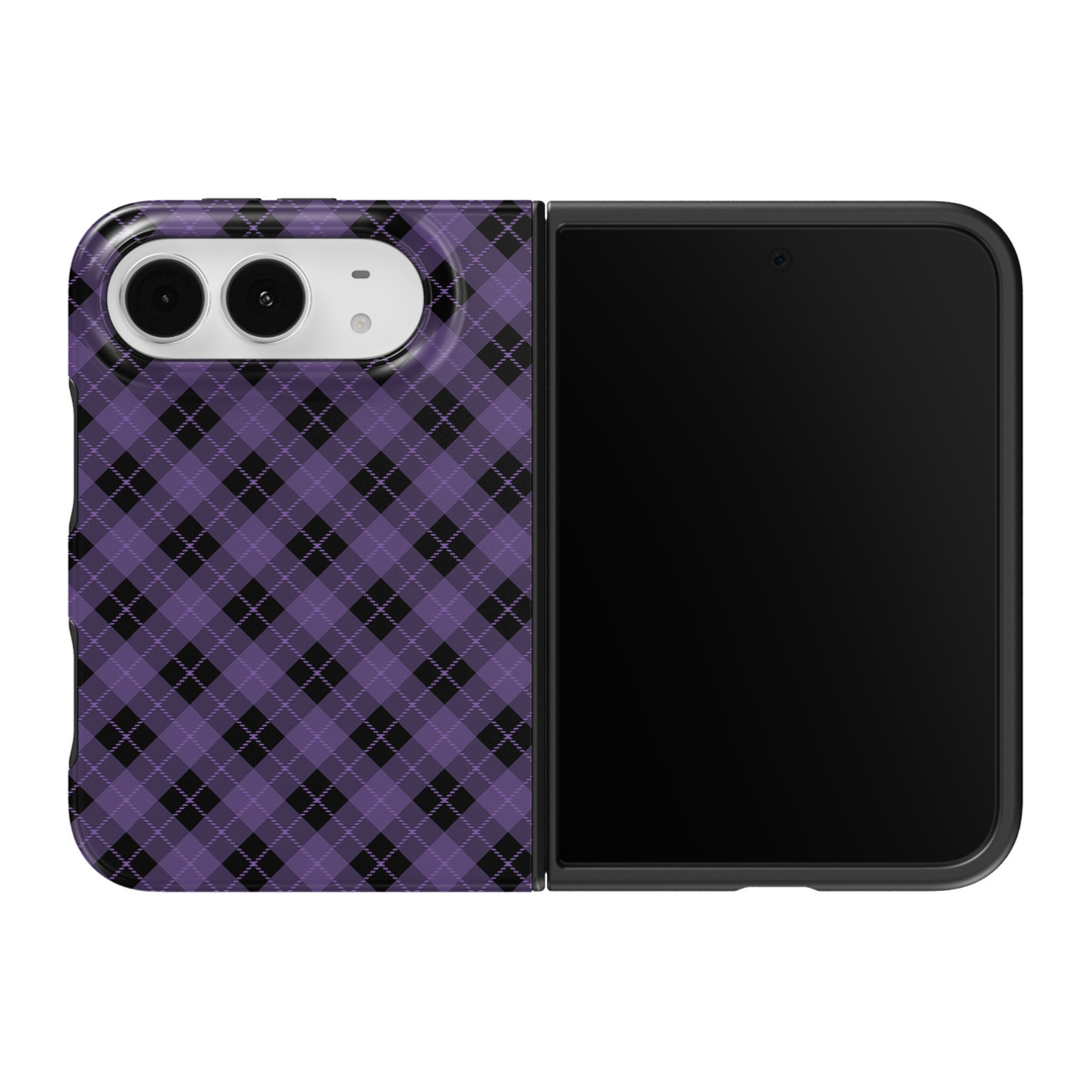 CASELIX Violet Argyle iPhone Duo Tough MagSafe folding phone case featuring a classic purple and black argyle diamond pattern with alternating lavender and deep violet geometric shapes, fine intersecting diagonal lines, and a repeating plaid-inspired design. Trendy purple argyle phone case for women with a glossy printed finish, dark academia aesthetic, vintage preppy fashion style, gothic-inspired color palette, timeless geometric artwork, and protective two-piece foldable construction.