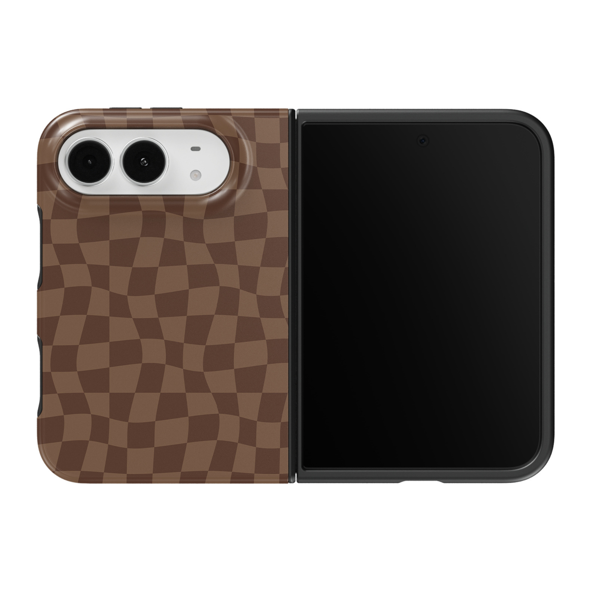 CASELIX Mocha Wave Check iPhone Duo Tough MagSafe folding phone case featuring a flowing wavy checkerboard pattern in rich chocolate brown and warm mocha tones, with gently curved geometric squares creating a retro optical illusion. Trendy brown checkered phone case for women with a glossy printed finish, minimalist neutral aesthetic, 70s-inspired groovy checkerboard artwork, modern quiet luxury style, vintage geometric design, and protective two-piece foldable construction.