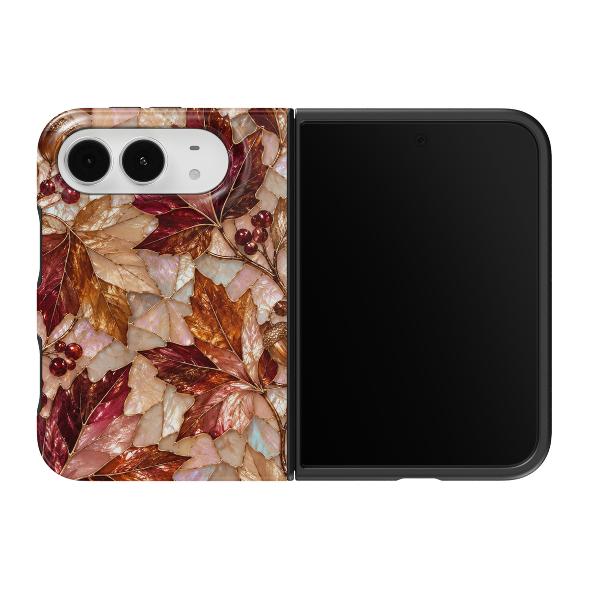 CASELIX Autumn Opulence iPhone Duo Case featuring an elegant autumn leaf mosaic pattern with burgundy red, burnt orange, copper, champagne gold, and blush pink maple leaves, iridescent mother-of-pearl textures, delicate gold outlines, ruby-red berries, and acorn accents. Chic fall botanical Tough MagSafe folding phone case for women with a glossy printed finish, luxurious seasonal aesthetic, and protective two-piece design.