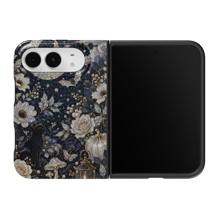 CASELIX Midnight Enchantment iPhone 18 Duo Tough MagSafe folding phone case featuring a dark navy-blue stained-glass mosaic pattern with ivory roses, white flowers, a black cat, crescent moon, golden stars, delicate butterflies, pearl accents, mushrooms, and an ornate vintage lantern. Mystical celestial floral phone case for women with a glossy printed finish, whimsical gothic garden aesthetic, and protective two-piece foldable design.