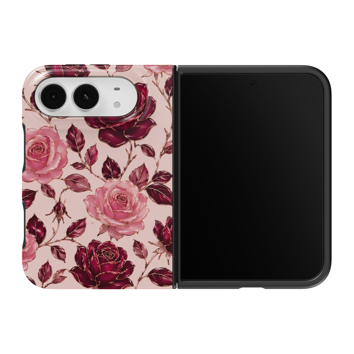 CASELIX Blushing Romance iPhone 18 Duo Tough MagSafe folding phone case featuring blush pink and deep burgundy roses, delicate rosebuds, wine-red botanical leaves, and elegant gold floral outlines on a soft pastel pink background. Romantic glossy floral phone case for women with a feminine vintage rose aesthetic and protective two-piece foldable design.