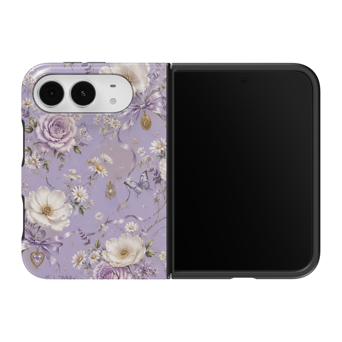 CASELIX Lavender Daydream iPhone Duo Tough MagSafe folding phone case featuring a soft pastel lilac purple background with lavender roses, ivory white blossoms, miniature daisies, delicate botanical vines, purple satin ribbon bows, butterflies, gold heart charms, and elegant floral detailing. Cute feminine floral phone case for women with a glossy printed finish, romantic coquette aesthetic, vintage cottagecore style, and protective two-piece foldable design.