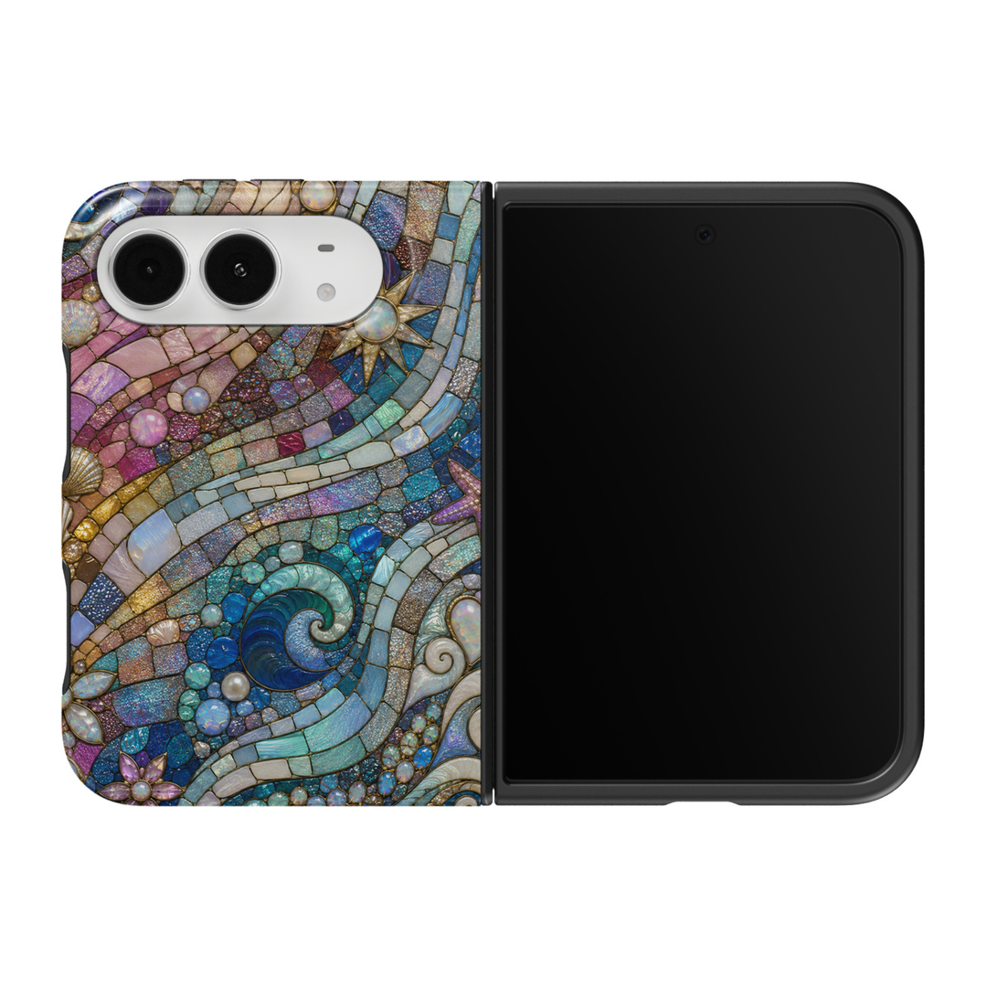 CASELIX Ocean Mosaic iPhone 18 Duo Tough MagSafe folding phone case featuring an intricate ocean-inspired mosaic pattern with swirling turquoise waves, sapphire-blue and aqua stained-glass tiles, iridescent seashells, starfish, luminous pearls, pastel pink and lavender accents, and elegant gold detailing. Artistic coastal phone case for women with a glossy printed finish, mermaidcore aesthetic, and protective two-piece foldable design.