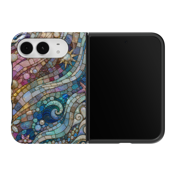 CASELIX Ocean Mosaic iPhone 18 Duo Tough MagSafe folding phone case featuring an intricate ocean-inspired mosaic pattern with swirling turquoise waves, sapphire-blue and aqua stained-glass tiles, iridescent seashells, starfish, luminous pearls, pastel pink and lavender accents, and elegant gold detailing. Artistic coastal phone case for women with a glossy printed finish, mermaidcore aesthetic, and protective two-piece foldable design.