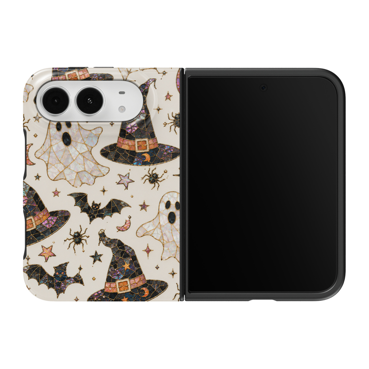 CASELIX Spooky Spell iPhone Duo Tough MagSafe folding phone case featuring a cream ivory background with iridescent stained-glass Halloween ghosts, black witch hats with gold buckles, flying bats, tiny spiders, crescent moons, and colorful celestial stars. Cute spooky Halloween phone case for women with pastel purple, pink, and gold mosaic accents, glossy printed finish, whimsical witchcore aesthetic, and protective two-piece foldable design.