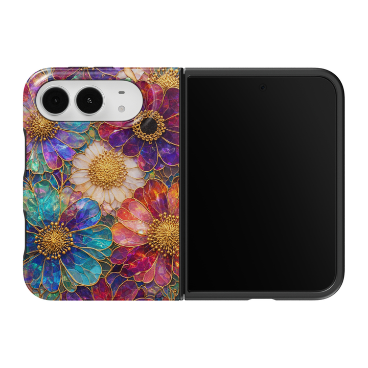CASELIX Prismatic Bloom iPhone Duo Tough MagSafe folding phone case featuring oversized iridescent stained-glass flowers in vibrant turquoise blue, amethyst purple, magenta pink, coral orange, and pearlescent ivory with intricate gold petal outlines and ornate golden floral centers. Colorful artistic floral phone case for women with a glossy printed finish, jewel-tone mosaic aesthetic, luxurious botanical pattern, and protective two-piece foldable design.