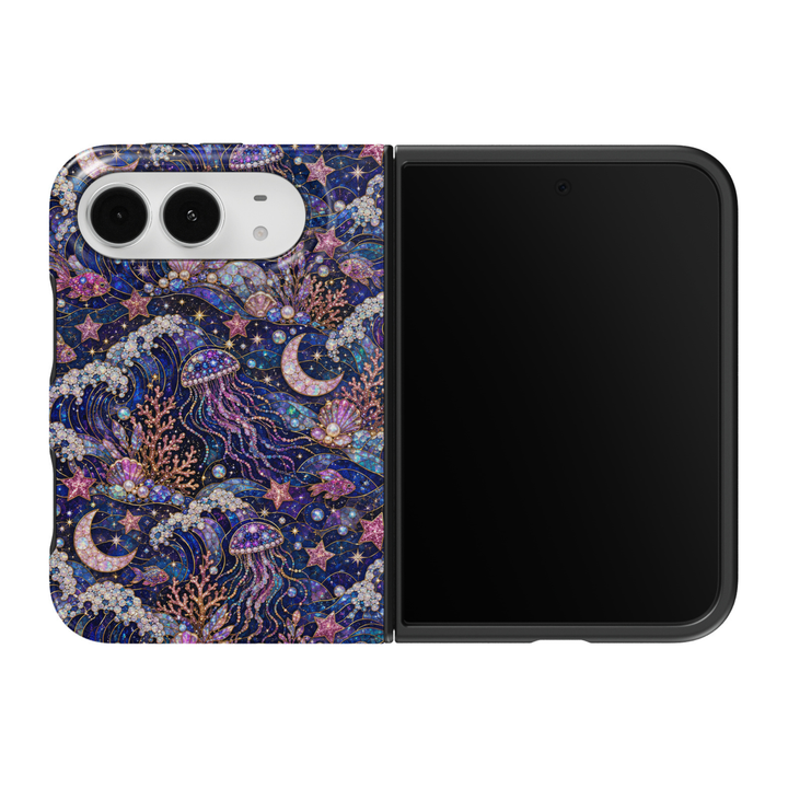 CASELIX Celestial Tides iPhone Duo Tough MagSafe folding phone case featuring a magical midnight-blue underwater mosaic with iridescent purple jellyfish, sapphire ocean waves, pearl-encrusted seashells, pink coral reefs, colorful tropical fish, opalescent crescent moons, sparkling pink starfish, and golden celestial accents. Luxury-inspired ocean phone case for women with a glossy printed finish, mystical mermaidcore aesthetic, whimsical nautical artwork, and protective two-piece foldable design.
