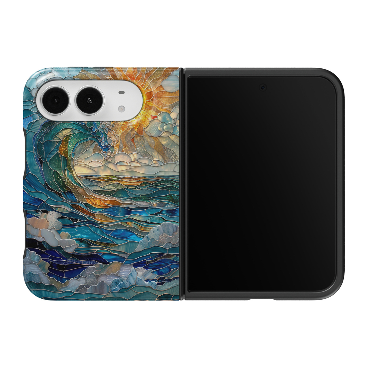 CASELIX Golden Tide iPhone Duo Tough MagSafe folding phone case featuring a stunning stained-glass ocean landscape with curling turquoise and teal waves, deep sapphire-blue water, a radiant golden sunset, soft ivory clouds, intricate gold outlines, and shimmering seafoam accents. Artistic coastal phone case for women with a glossy printed finish, luxury-inspired ocean wave design, beach aesthetic, and protective two-piece foldable construction.
