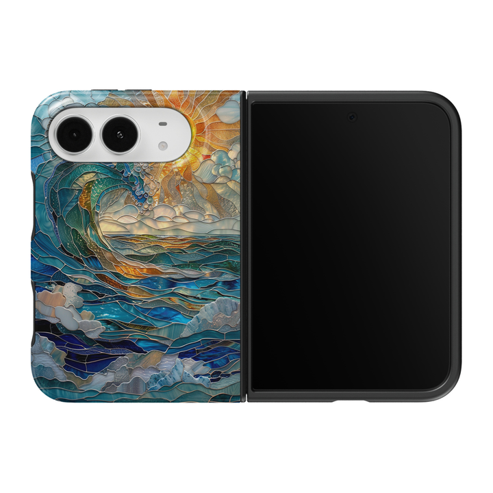 CASELIX Golden Tide iPhone Duo Tough MagSafe folding phone case featuring a stunning stained-glass ocean landscape with curling turquoise and teal waves, deep sapphire-blue water, a radiant golden sunset, soft ivory clouds, intricate gold outlines, and shimmering seafoam accents. Artistic coastal phone case for women with a glossy printed finish, luxury-inspired ocean wave design, beach aesthetic, and protective two-piece foldable construction.