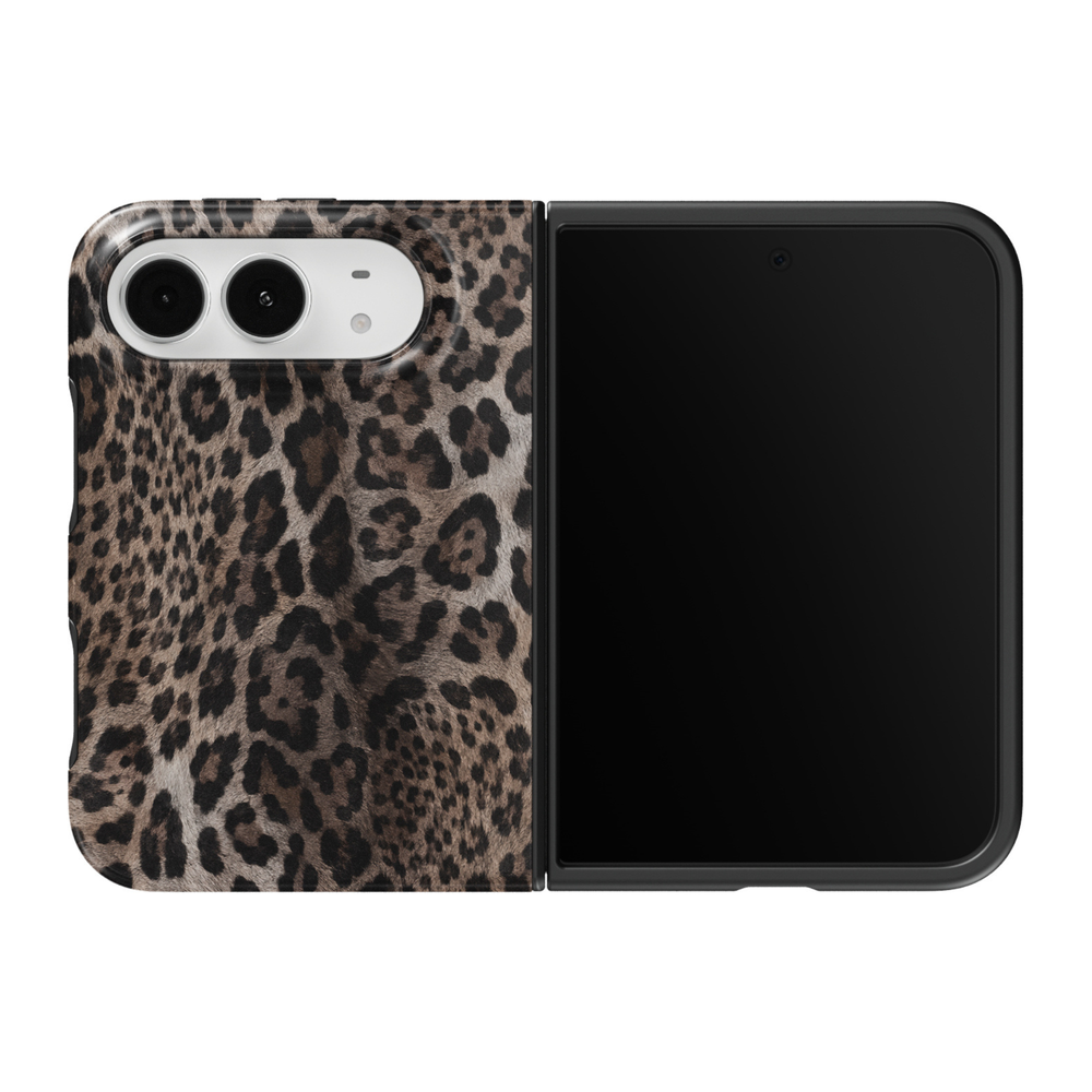 CASELIX Ash Leopard iPhone Duo Tough MagSafe folding phone case featuring a realistic gray and black leopard print pattern with charcoal rosettes, smoky taupe undertones, dark espresso spots, and soft faux-fur-inspired textures. Trendy animal print phone case for women with a glossy printed finish, chic neutral aesthetic, bold safari-inspired design, and protective two-piece foldable construction.