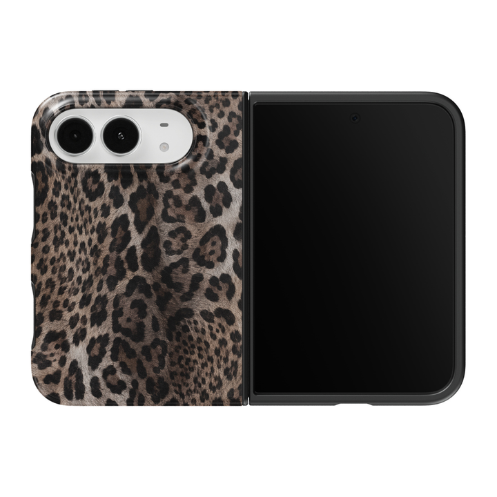CASELIX Smoky Leopard iPhone Duo Tough MagSafe folding phone case featuring a realistic gray and black leopard print pattern with charcoal rosettes, smoky taupe undertones, dark espresso spots, and soft faux-fur-inspired textures. Trendy animal print phone case for women with a glossy printed finish, chic neutral aesthetic, bold safari-inspired design, and protective two-piece foldable construction.
