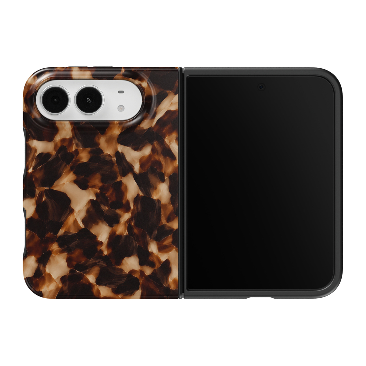 CASELIX Amber Tortoise iPhone Duo Tough MagSafe folding phone case featuring a classic brown tortoiseshell pattern with rich amber, honey caramel, dark espresso, glossy black, and warm golden-beige marbled accents. Elegant tortoise shell print phone case for women with a glossy printed finish, vintage resin-inspired aesthetic, timeless quiet luxury style, chic neutral fashion design, and protective two-piece foldable construction.