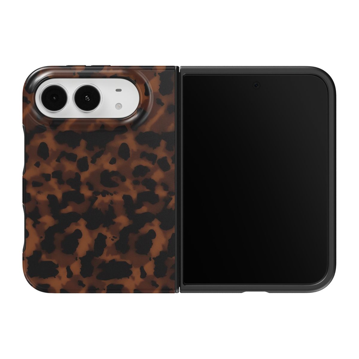 CASELIX Espresso Tortoise iPhone Duo Tough MagSafe folding phone case featuring a rich dark brown tortoiseshell pattern with irregular jet-black markings, warm cognac accents, espresso chocolate tones, and a softly blended amber-brown background. Chic tortoise shell print phone case for women with a glossy printed finish, classic vintage-inspired aesthetic, sophisticated quiet luxury style, trendy neutral design, and protective two-piece foldable construction.