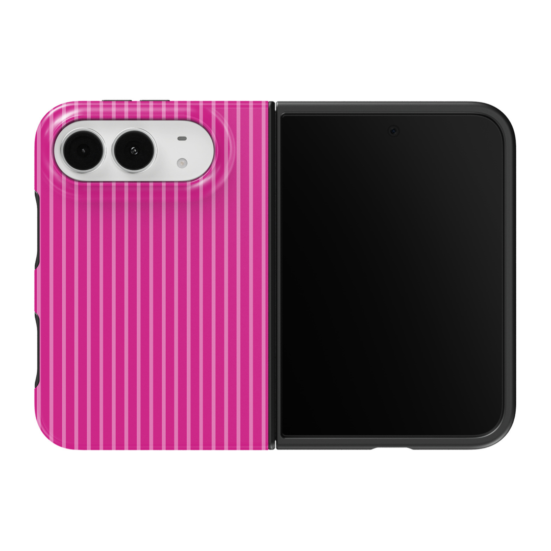 CASELIX Pink Pinstripe iPhone Duo Tough MagSafe folding phone case featuring a vibrant hot pink and fuchsia background with thin, evenly spaced light pink vertical stripes. Trendy pink striped phone case for women with a glossy printed finish, feminine Barbiecore aesthetic, preppy chic fashion style, minimalist geometric pinstripe pattern, and protective two-piece foldable construction.