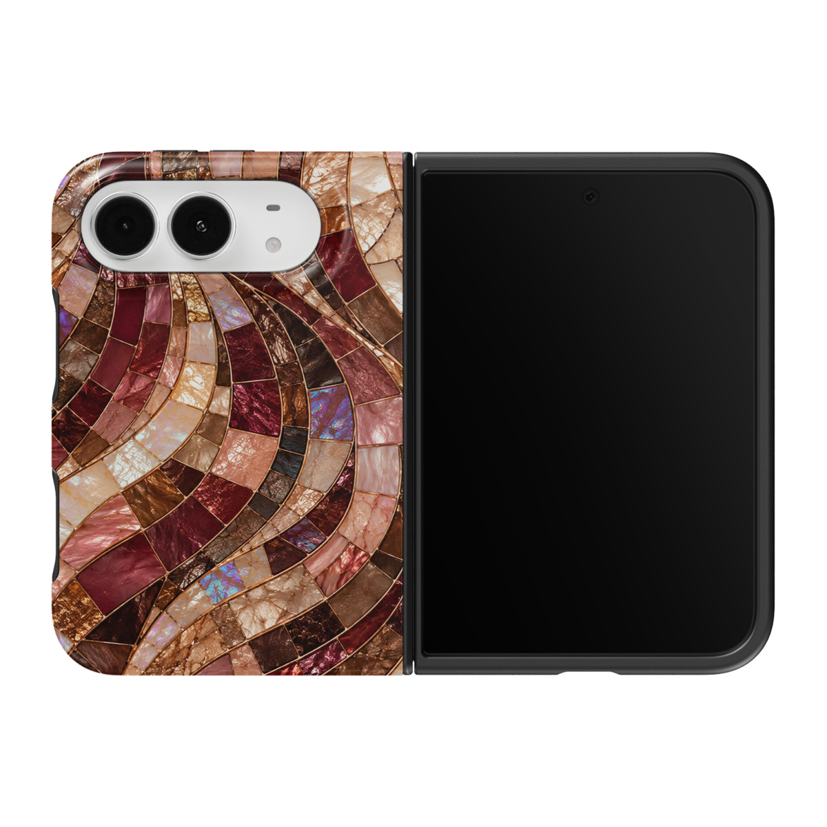 CASELIX Rosewood Mosaic iPhone Duo Tough MagSafe folding phone case featuring an elegant abstract stained-glass mosaic with flowing curved tiles in deep burgundy, dusty rose pink, champagne beige, copper bronze, and chocolate brown. Intricate gold outlines, pearlescent marble-inspired textures, and subtle iridescent accents create a luxurious Art Deco geometric pattern. Sophisticated mosaic phone case for women with a glossy printed finish and protective two-piece foldable construction.