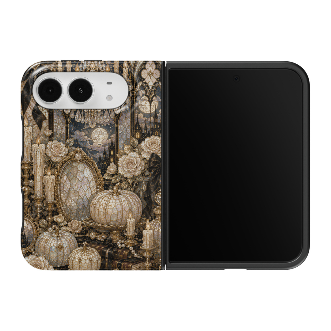 CASELIX Enchanted Manor iPhone Duo Tough MagSafe folding phone case featuring an intricate gothic stained-glass mosaic with pearlescent ivory pumpkins, antique gold mirrors, glowing candles, white roses, crystal chandeliers, a moonlit castle, cathedral arches, vintage books, and delicate pearl accents. Elegant Halloween phone case for women with a glossy printed finish, luxurious haunted mansion aesthetic, romantic dark academia style, Victorian gothic artwork, and protective two-piece foldable construction