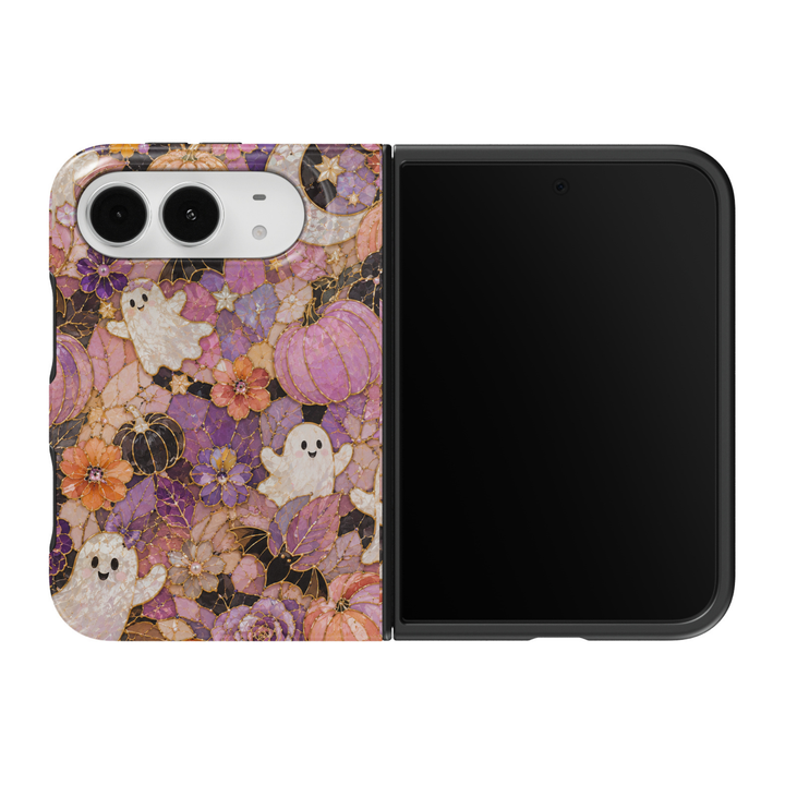 CASELIX Boo-tiful Blooms iPhone Duo Tough MagSafe folding phone case featuring adorable smiling white ghosts, pastel lavender and pink pumpkins, tiny black bats, purple and peach flowers, golden stars, and intricate gold-outlined stained-glass mosaic artwork. Cute Halloween floral phone case for women with a glossy printed finish, whimsical spooky-season aesthetic, pastel goth style, feminine cottagecore design, and protective two-piece foldable construction.