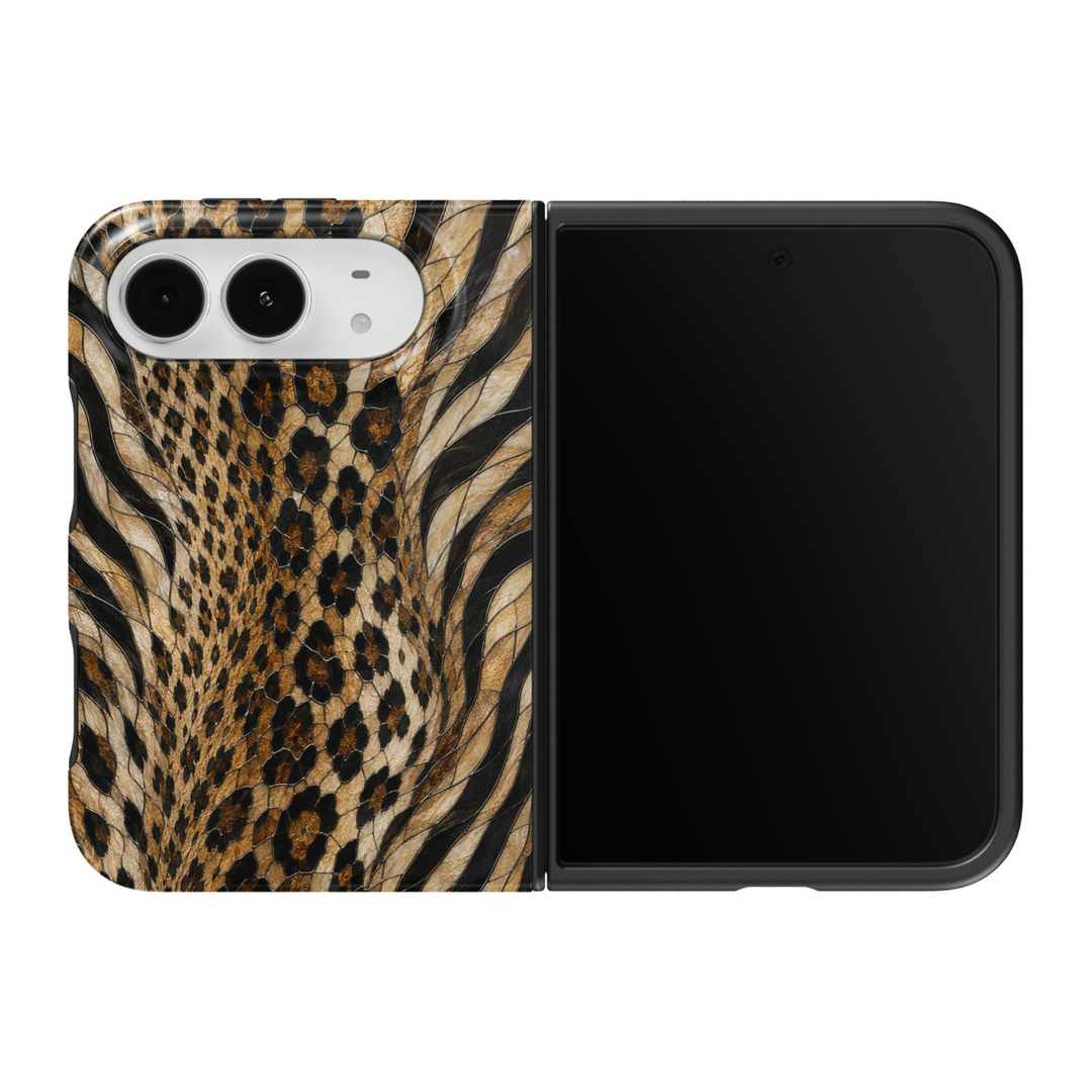 CASELIX Wild Fusion iPhone 18 Duo Tough MagSafe folding phone case featuring a bold mixed animal print design with golden leopard spots, black and beige zebra stripes, snakeskin-inspired textures, and warm caramel tones. Trendy luxury-inspired animal print phone case for women with a glossy printed finish, exotic safari-chic aesthetic, and protective two-piece foldable design.