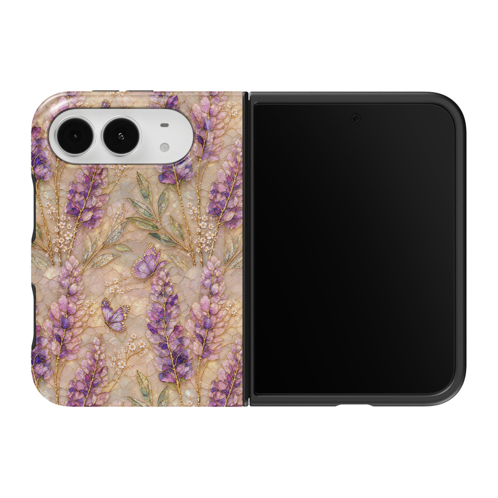 CASELIX Lavender Meadow iPhone Duo Tough MagSafe folding phone case featuring delicate lavender and lilac floral stalks, purple butterflies with gold-outlined wings, tiny white wildflowers, and sage-green botanical leaves over a champagne-beige stained-glass mosaic background. Elegant purple floral butterfly phone case for women with a glossy printed finish, romantic cottagecore aesthetic, vintage botanical garden design, intricate gold detailing, and protective two-piece foldable construction.