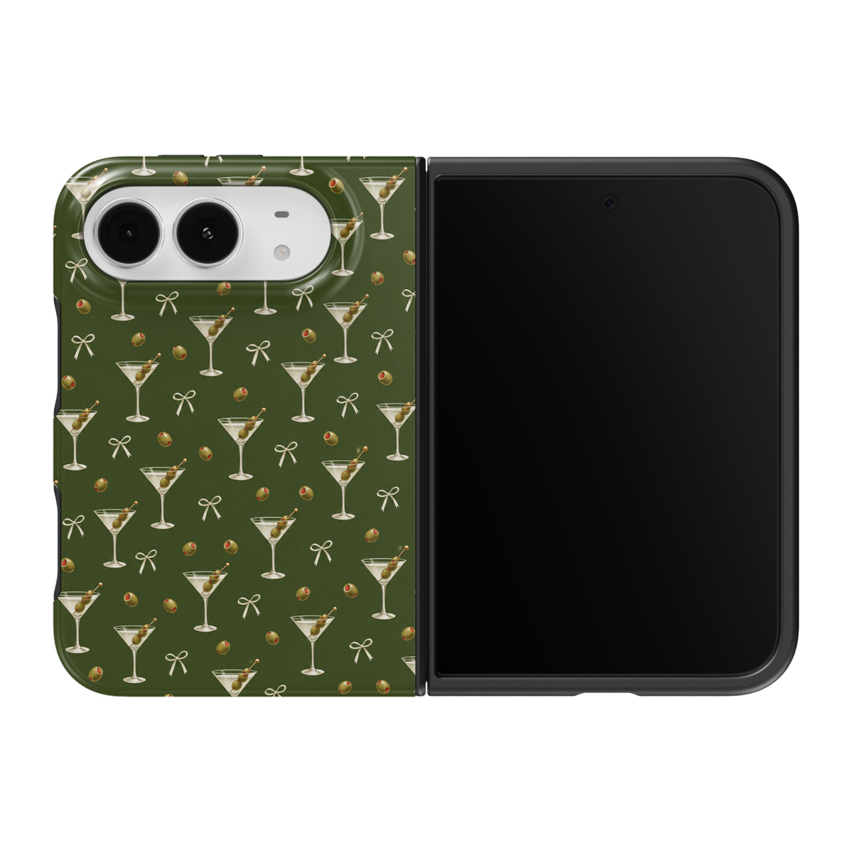 CASELIX Dirty Martini iPhone Duo Tough MagSafe folding phone case featuring a deep olive-green background with repeating classic martini cocktail glasses, green olives with red pimento centers, delicate ivory ribbon bows, and elegant minimalist drink illustrations. Trendy green martini phone case for women with a glossy printed finish, chic cocktail-inspired aesthetic, sophisticated girls' night out style, vintage-inspired repeating pattern, and protective two-piece foldable construction.