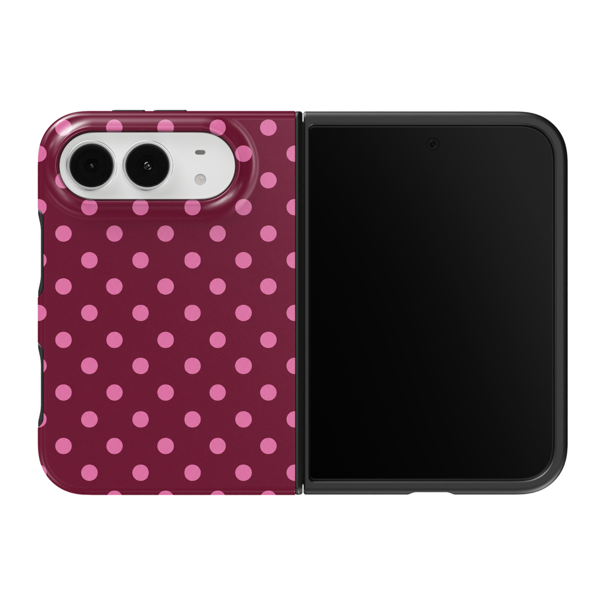 CASELIX Berry Polka iPhone Duo Tough MagSafe folding phone case featuring a rich burgundy and deep berry background decorated with evenly spaced bubblegum-pink polka dots in a classic repeating pattern. Trendy burgundy and pink dotted phone case for women with a glossy printed finish, feminine retro-chic aesthetic, playful preppy fashion, minimalist geometric design, vintage-inspired polka dot artwork, and protective two-piece foldable construction.