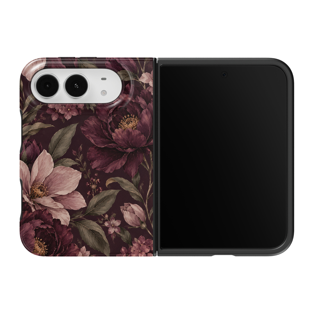 CASELIX Burgundy Whispers iPhone 18 Duo Tough MagSafe folding phone case featuring deep burgundy and dusty pink peony flowers, muted sage-green botanical leaves, delicate rose-colored blossoms, and romantic floral buds against a rich wine-red background. Elegant dark floral phone case for women with a glossy printed finish, vintage botanical aesthetic, and protective two-piece foldable design.